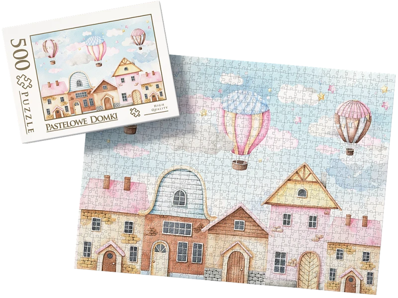 PUZZLE - pastelowe domki - z pudełkiem