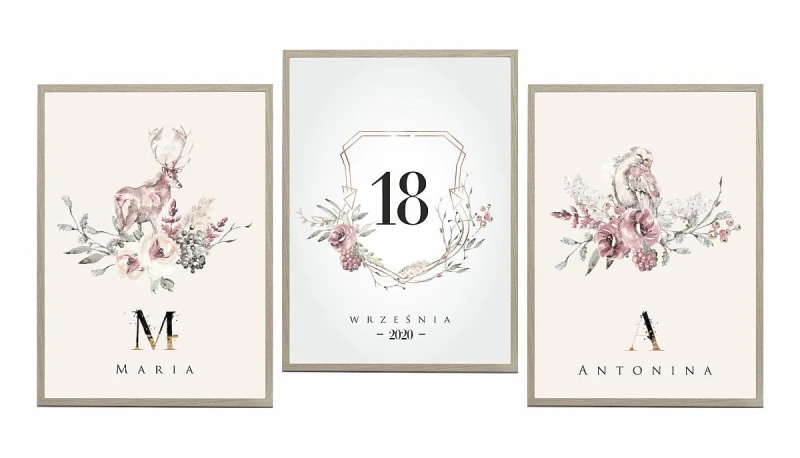 Zestaw 3 PLAKATY metryczka floral
