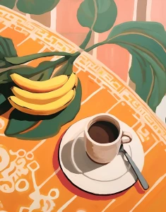 Obraz wloskie espresso i tropikalne owoce – dekoracja do kuchni w stylu Mediterranean