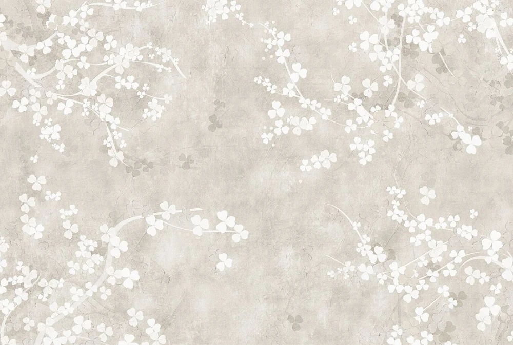 Fototapeta Sakura – kwitnące gałązki wiśni na beżowym tle inspirowanym dekoracyjnym tynkiem