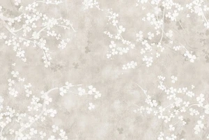 Fototapeta Sakura – kwitnące gałązki wiśni na beżowym tle inspirowanym dekoracyjnym tynkiem