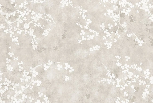 Fototapeta Sakura – kwitnące gałązki wiśni na beżowym tle inspirowanym dekoracyjnym tynkiem