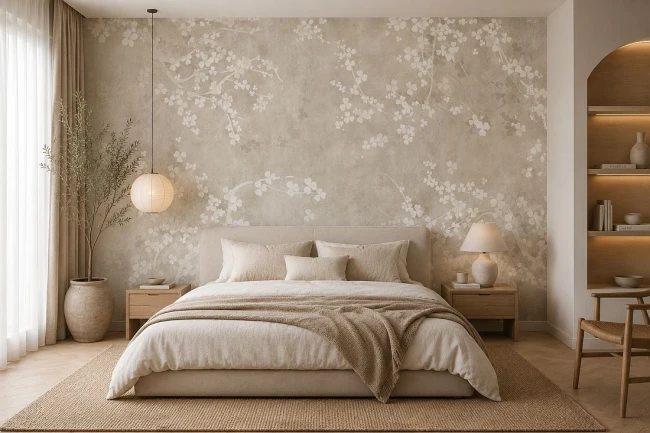 Elegancka sypialnia modern classic z fototapetą Sakura w odcieniach beżu i ecru