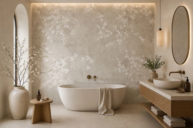 Nowoczesna łazienka spa z fototapetą Sakura za wolnostojącą wanną