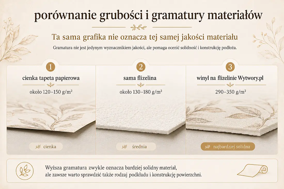 Porównanie gramatury tapety papierowej, samej flizeliny i tapety winylowej na flizelinie 290–350 g/m²