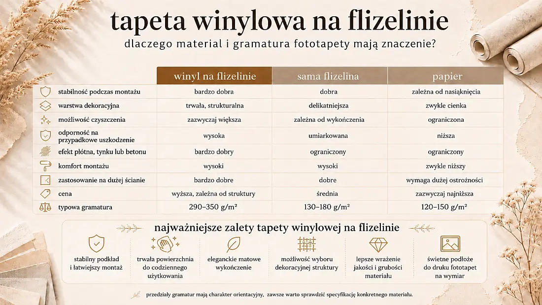 Porównanie tapety winylowej na flizelinie, samej flizeliny i papieru pod względem trwałości, montażu i gramatury