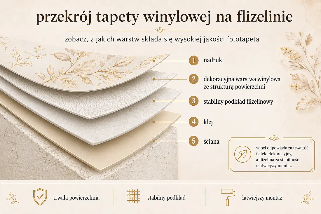 Przekrój tapety winylowej na flizelinie pokazujący nadruk, warstwę winylową, podkład flizelinowy, klej i ścianę